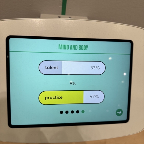 A digital screen showing the percentages between mind and body, talent and practice, with practice winning at 67%