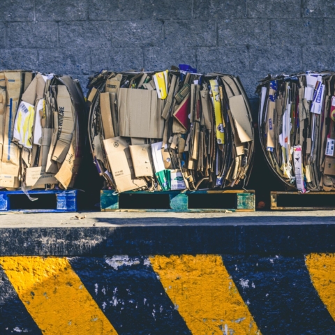 three pallets full of pressed cardboard waste