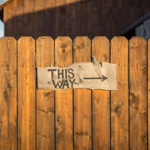 A wooden fence, with a rustic wooden sign with hand painted text saying This Way and an arrow pointing to the right