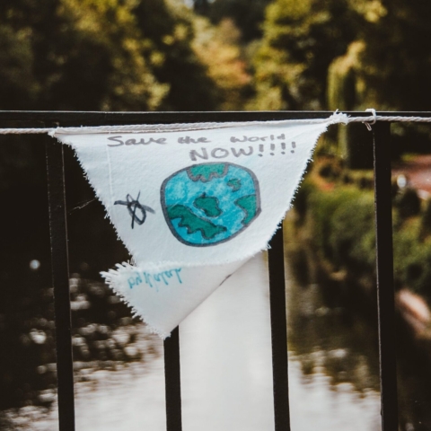 A hand made bunting flag with an earth drawn on it and the words save the world now