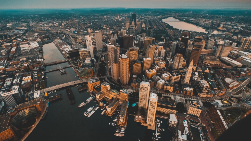 an areal image of the large city of Boston